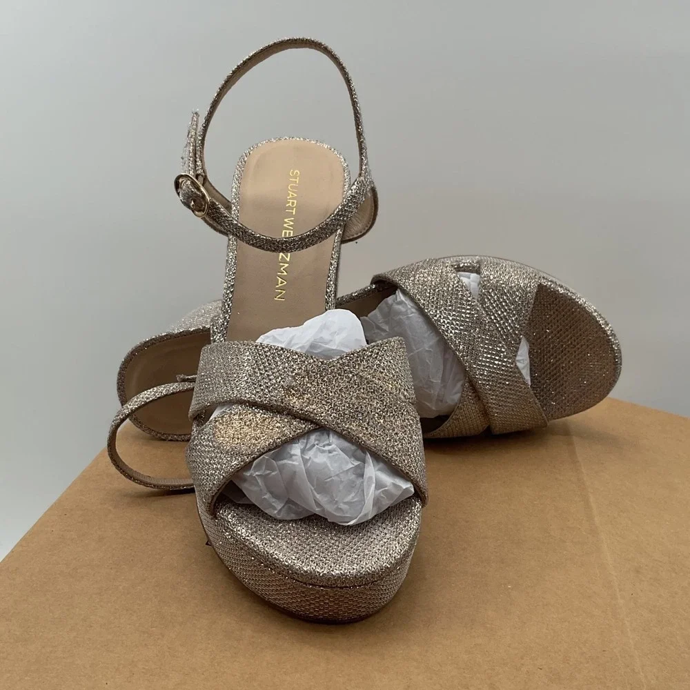Stuart Weitzman‎ Metallic Champagne Glitter Platform Block Heel Sandals Spain 9
